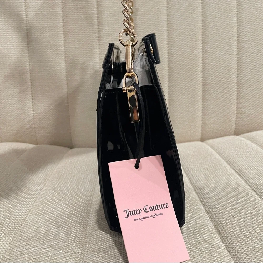 NEW‎ Juicy Couture Black Patent Monogram Bow Crossbody Bag Gold Chain